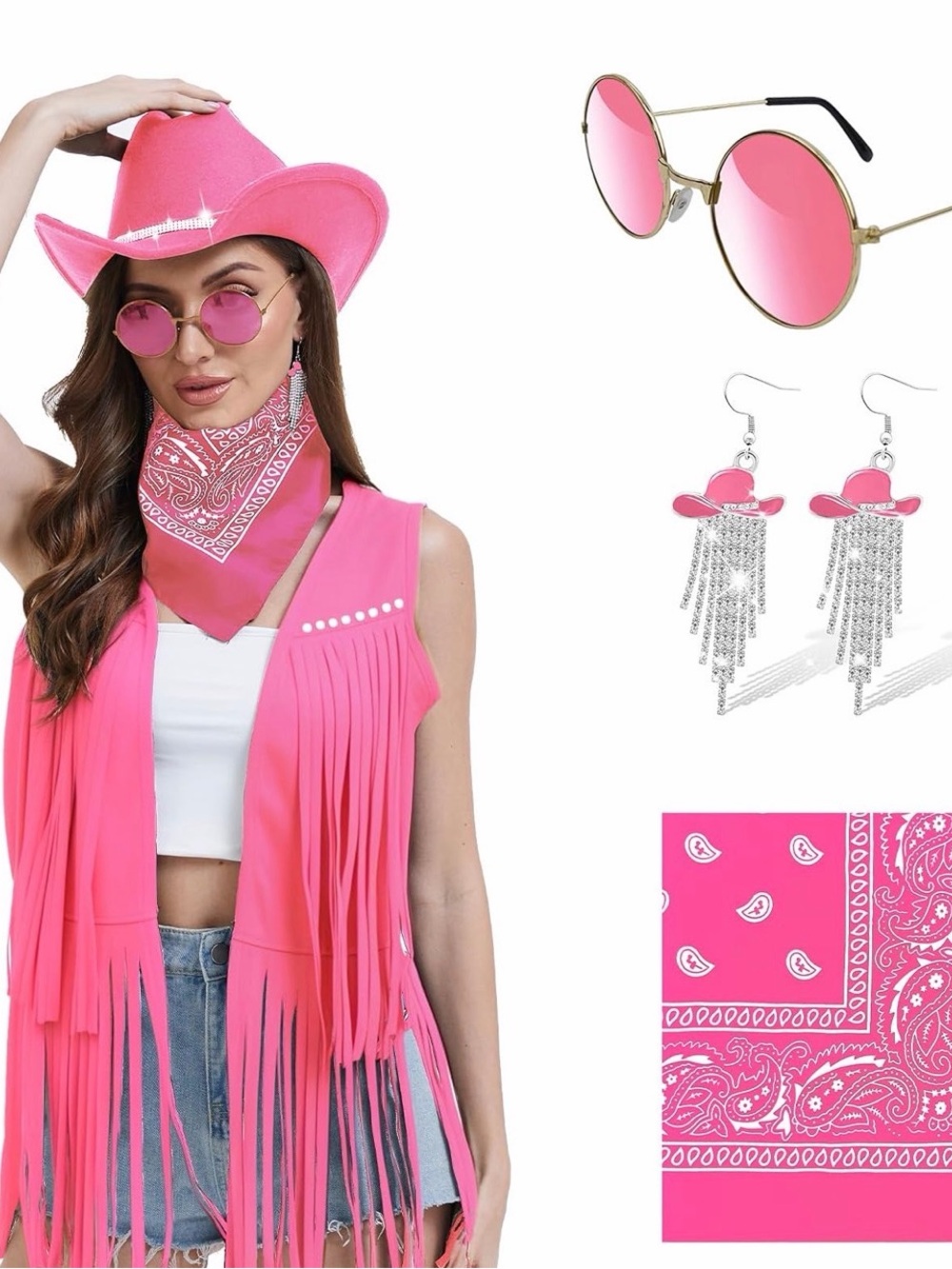 Hot Pink Cowgirl Fringe Vest Set with Bandana & Accessories